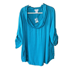 SOFT SURROUNDINGS Blouse Womens PXL Blue Tunic Shirt NWOT Roll Tab Sleeve Casual